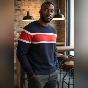 BROOKS BROTHERS Men's Navy and Red Striped Sweater